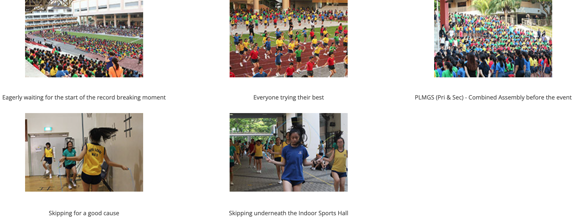 Five school event photos showing students skipping rope and large crowds assembled on a field and bleachers.